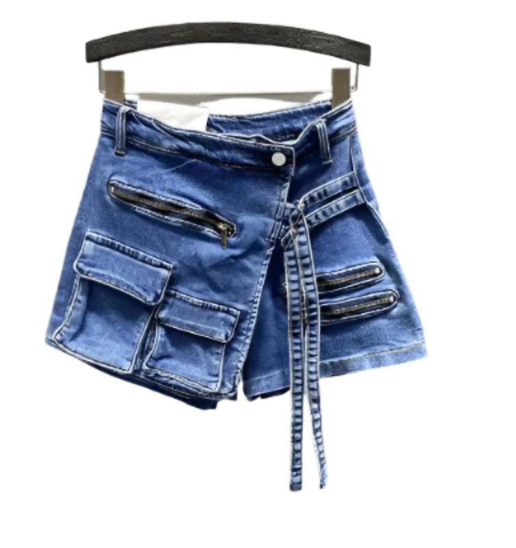 Multiple Fake Pockets Mini Denim Skirt Short - SHExFAB