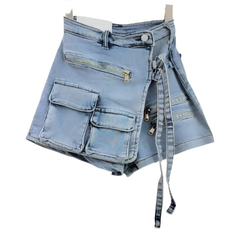 Multiple Fake Pockets Mini Denim Skirt Short - SHExFAB