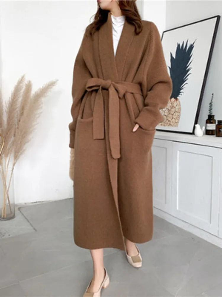 Notched Collar Thick Knitted Cardigan Coat With Belt - SHExFAB