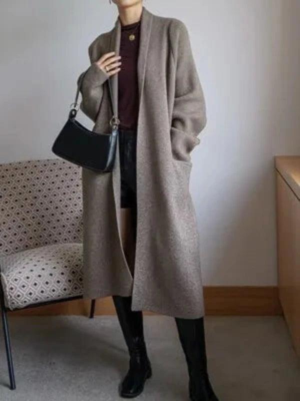 Notched Collar Thick Knitted Cardigan Coat With Belt - SHExFAB