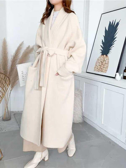 Notched Collar Thick Knitted Cardigan Coat With Belt - SHExFAB