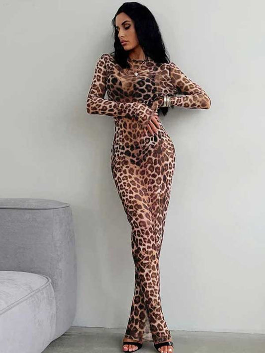 O - Neck Long Sleeve Leopard Print Sheer Dress - SHExFAB