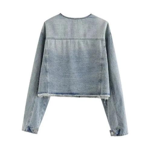 O - Neck Washed Short Denim Jacket - SHExFAB