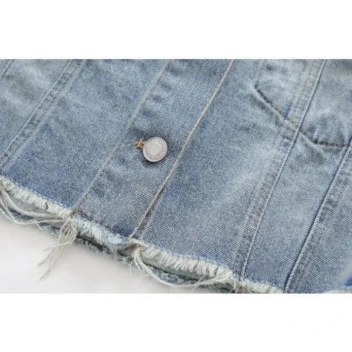 O - Neck Washed Short Denim Jacket - SHExFAB