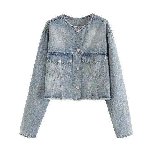 O - Neck Washed Short Denim Jacket - SHExFAB