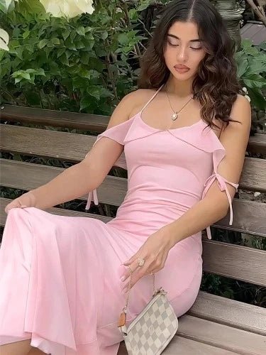 Off Shoulder Halter Long Pink Dress - SHExFAB