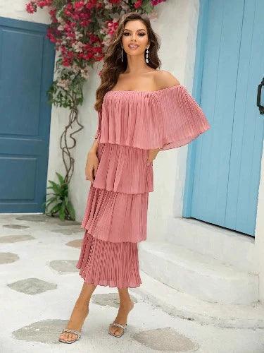 Off Shoulder Long Layered Pleated Dress - SHExFAB