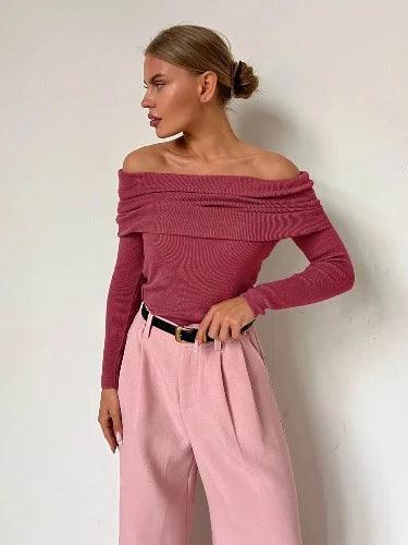 Off Shoulder Long Sleeve Knitted Top - SHExFAB