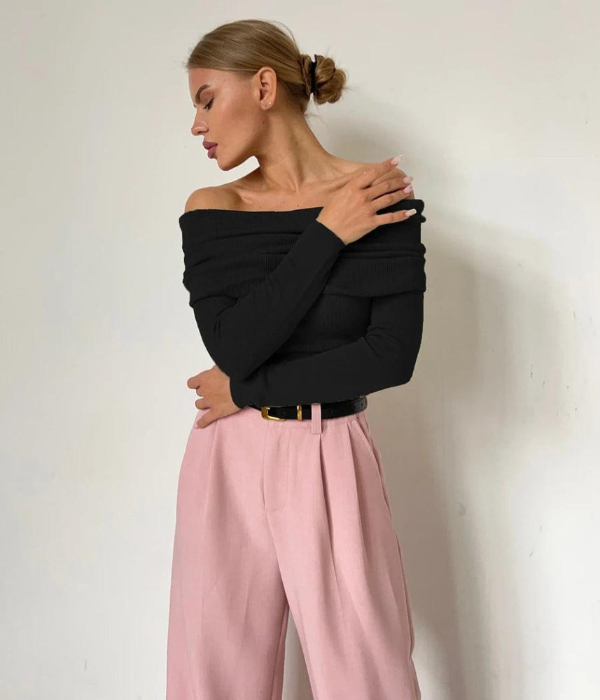 Off Shoulder Long Sleeve Knitted Top - SHExFAB