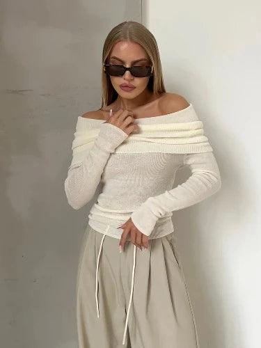 Off Shoulder Long Sleeve Knitted Top - SHExFAB