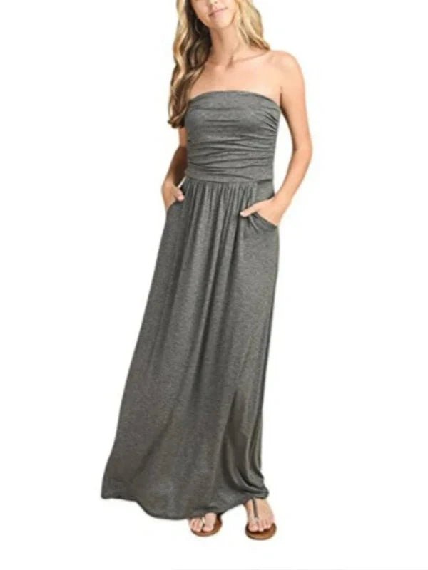 Off Shoulder Pocket Long Casual Tube Dress - SHExFAB