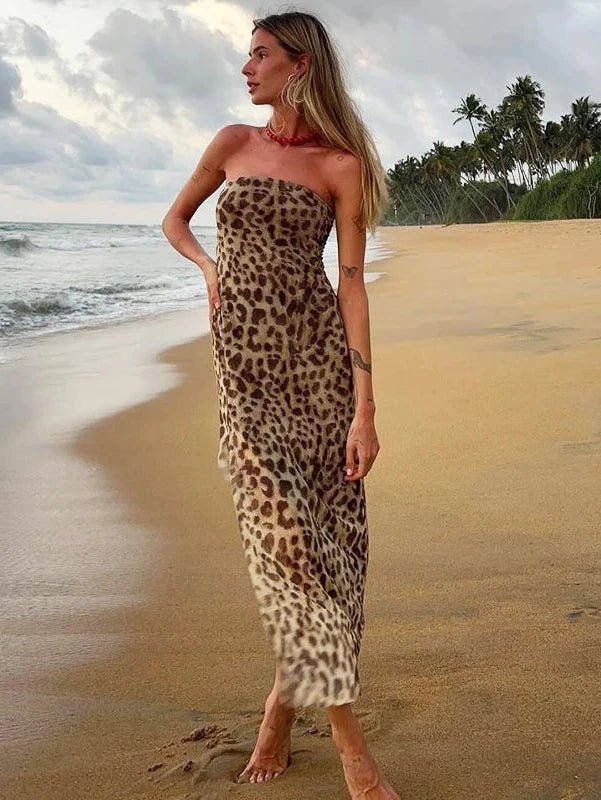 Off Shoulder Side Slit Leopard Print Mesh Maxi Dress - SHExFAB