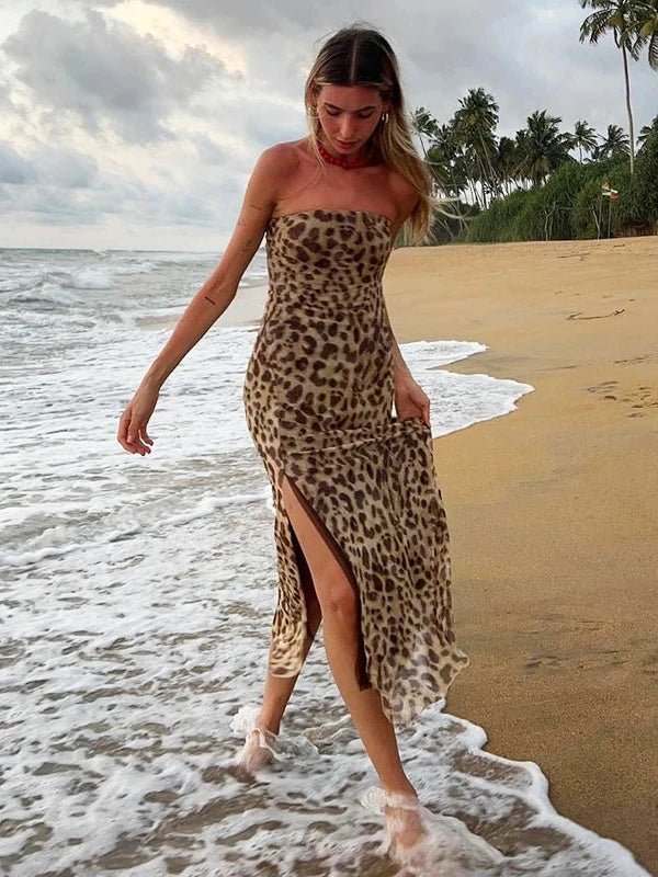 Off Shoulder Side Slit Leopard Print Mesh Maxi Dress - SHExFAB