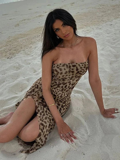 Off Shoulder Side Slit Leopard Print Mesh Maxi Dress - SHExFAB