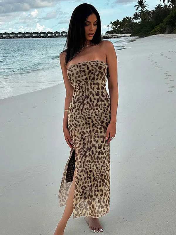 Off Shoulder Side Slit Leopard Print Mesh Maxi Dress - SHExFAB