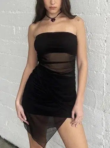 Off The Shoulder Asymmetric Sheer Dress - SHExFAB