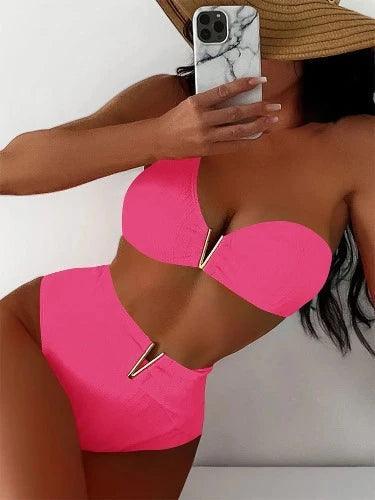 One Shoulder Bikini Bra and Retro High Waisted Bikini Sets - SHExFAB