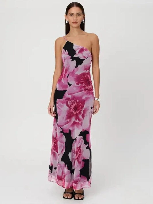 One Shoulder Cut Out Back Long Mesh Floral Dress - SHExFAB