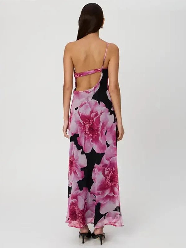 One Shoulder Cut Out Back Long Mesh Floral Dress - SHExFAB