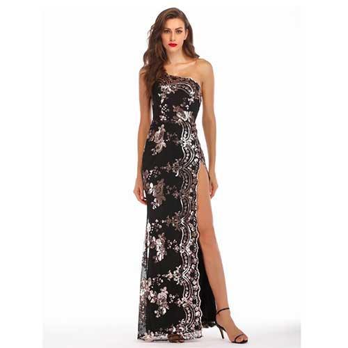 One Shoulder Floral Sequin Maxi Slit Dress - SHExFAB