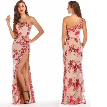 One Shoulder Floral Sequin Maxi Slit Dress - SHExFAB