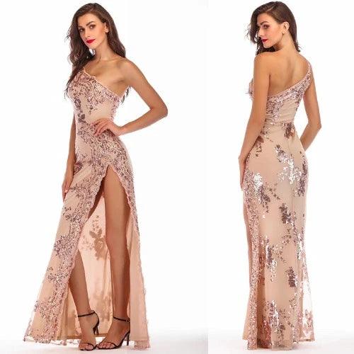 One Shoulder Floral Sequin Maxi Slit Dress - SHExFAB