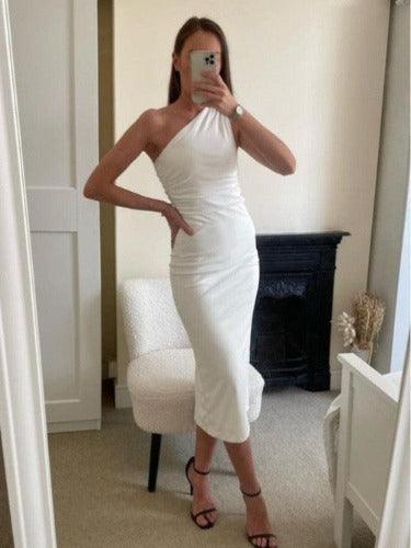 One Shoulder White Evening Dress - SHExFAB