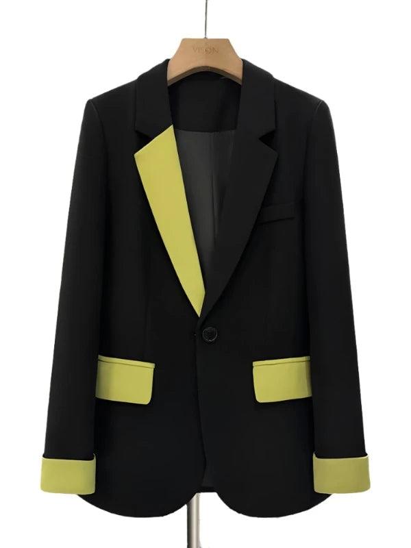 Patchwork Collar Black Oversized Blazer with Pockets - SHExFAB