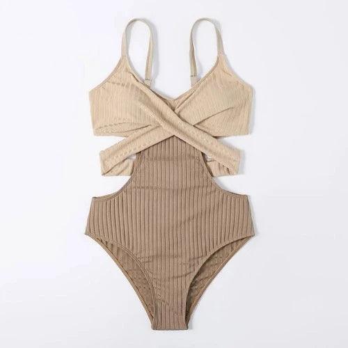 Patchwork Tie - Up Strap Cut Out One Piece Swimsuit - SHExFAB