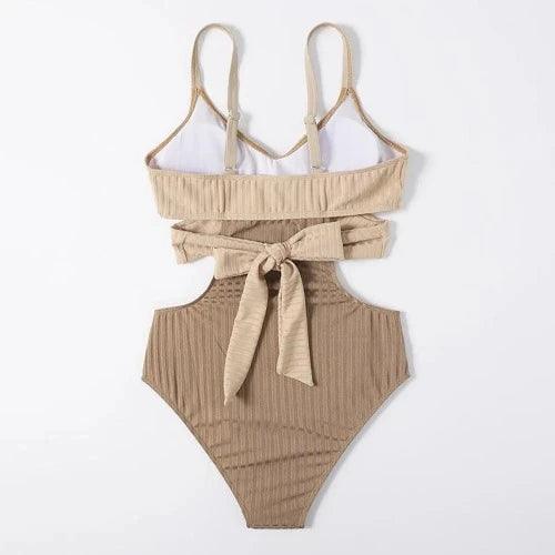 Patchwork Tie - Up Strap Cut Out One Piece Swimsuit - SHExFAB