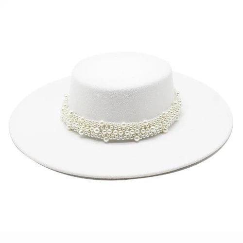 Pearl Band Wide Brim Flat Top Fedora Hat - SHExFAB