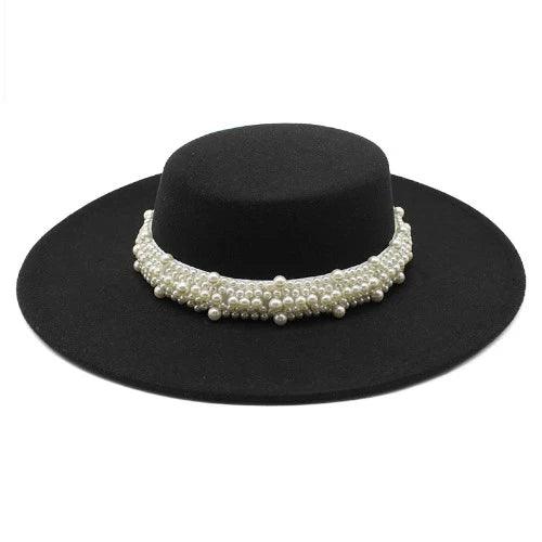 Pearl Band Wide Brim Flat Top Fedora Hat - SHExFAB