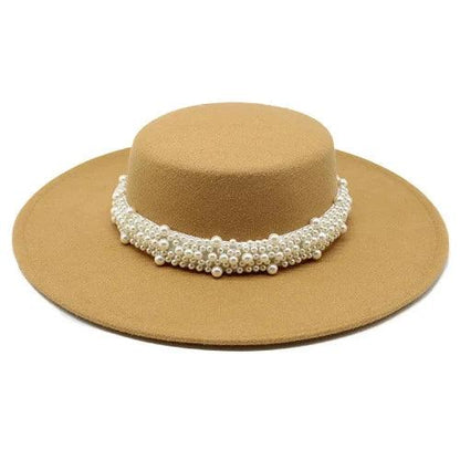 Pearl Band Wide Brim Flat Top Fedora Hat - SHExFAB