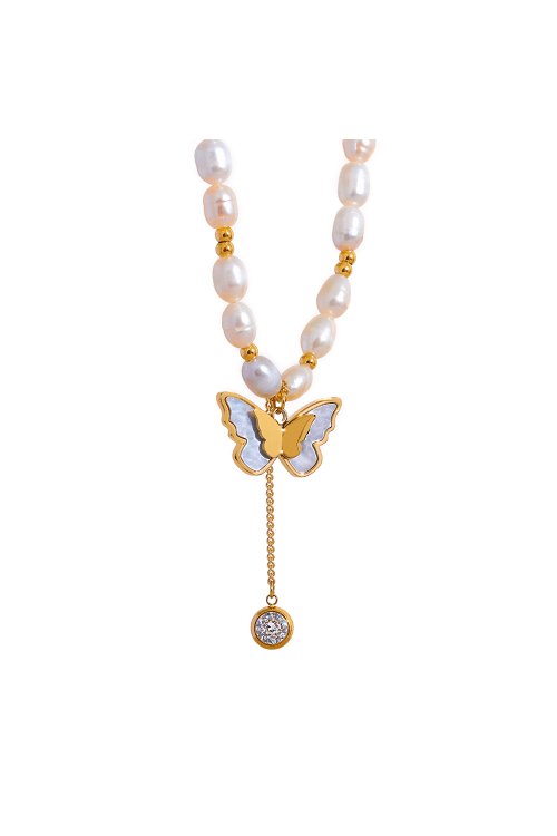 Pearl Chain Butterfly Pendant Necklace - SHExFAB