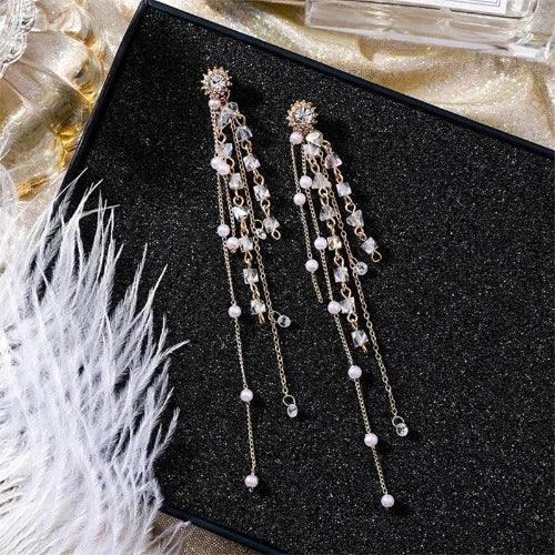 Pearl Crystal Tassel Drop Earrings - SHExFAB