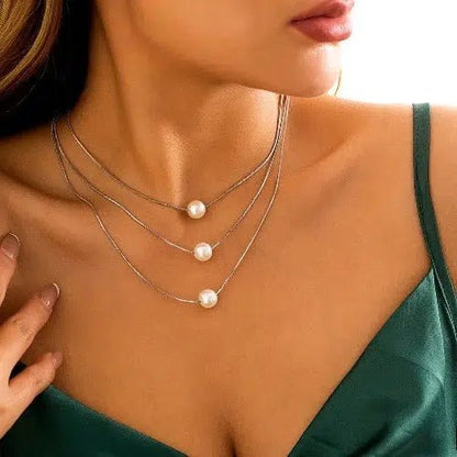 Pearl Pendant Silver Chain Layered Necklace - SHExFAB