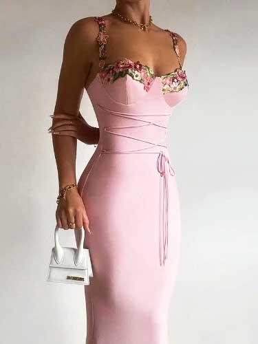 Pink Embroidered Long Bridesmaid Dress - SHExFAB