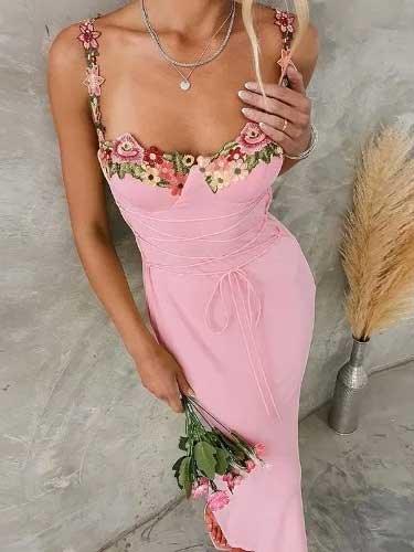 Pink Embroidered Long Bridesmaid Dress - SHExFAB