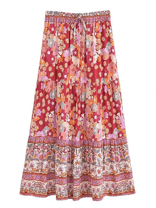 Pink Floral Elastic Waist Pleated Bohemian Maxi Skirt - SHExFAB