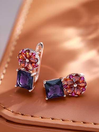 Pink Flower Square Purple Zircon Earrings - SHExFAB