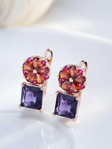 Pink Flower Square Purple Zircon Earrings - SHExFAB