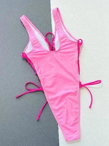 Pink Lace UP Front High Cut Swimsuit - SHExFAB