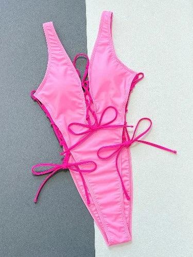 Pink Lace UP Front High Cut Swimsuit - SHExFAB