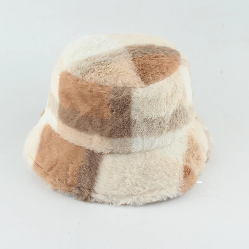 Plaid Faux Fur Warm Bucket Hat - SHExFAB