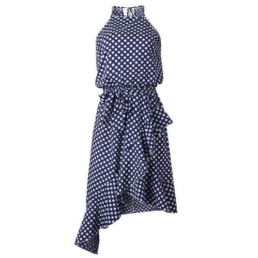 Polka Dot Lace - Up Bow Irregular Ruffle Summer Dress - SHExFAB