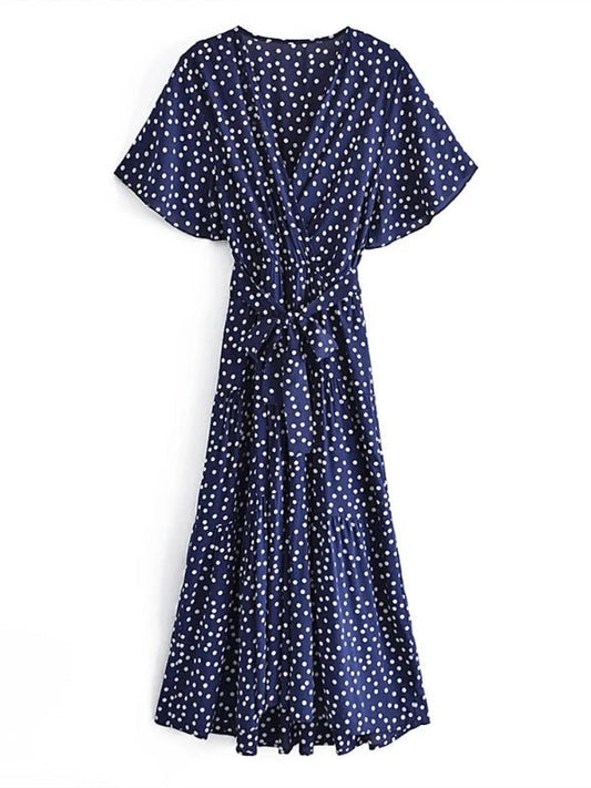 Polka Dot Short Sleeve Cotton A - Line Maxi Dress - SHExFAB