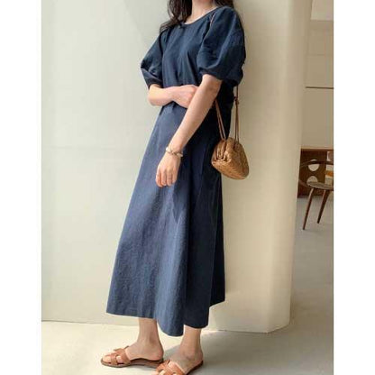 Puff Sleeve Cotton Long Dress - SHExFAB