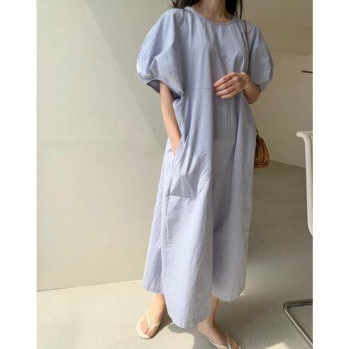 Puff Sleeve Cotton Long Dress - SHExFAB