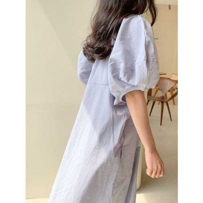 Puff Sleeve Cotton Long Dress - SHExFAB