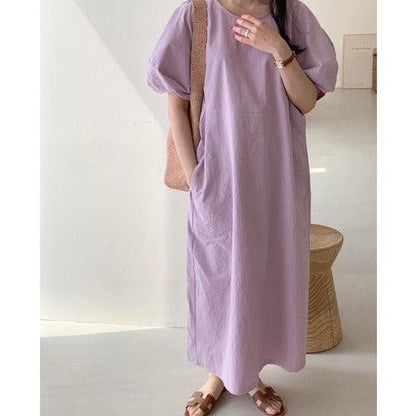 Puff Sleeve Cotton Long Dress - SHExFAB